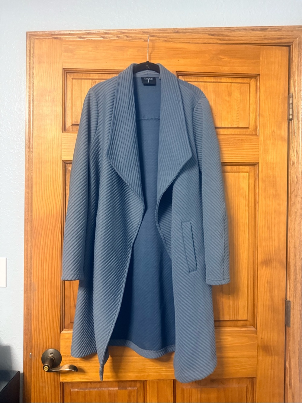 Tahari Slate Blue Ribbed Open-Front Trench Coat